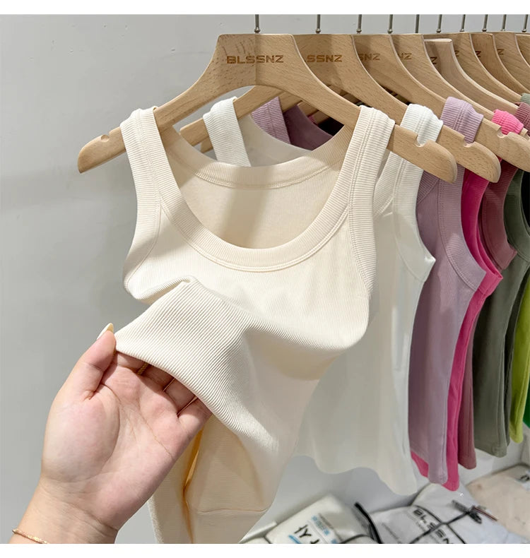 zjaiss Women Solid Round Neck Ribbed Tank Top Camisole Women/Summer Basic Elastic Tank Top O Neck Solid Tank Top
