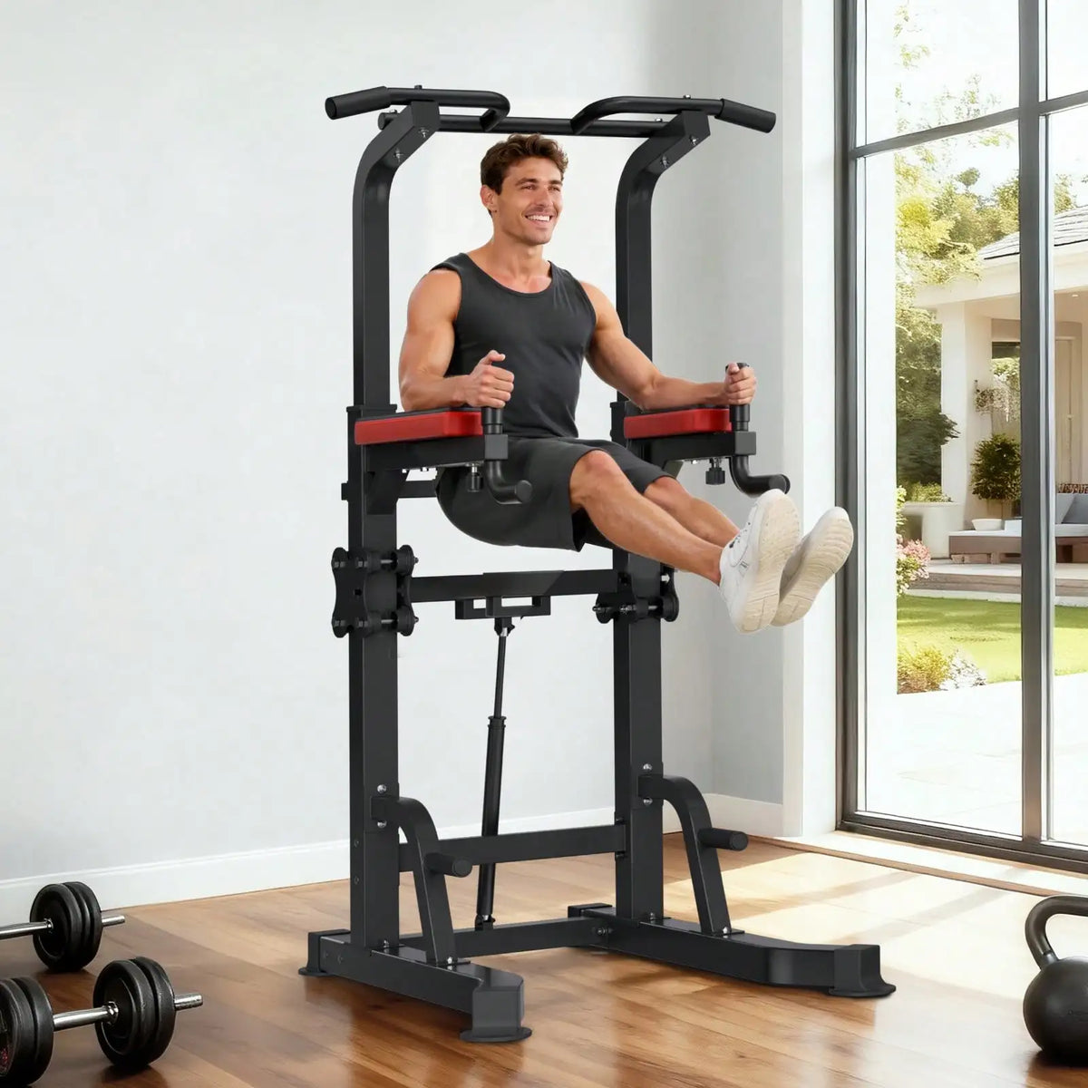 Pull Up Bar, 330 LBS Power Tower Dip Station, Workout Dip Station/With H-Shaped Stable Base & Back Pad, Adjustable 12 Level Height