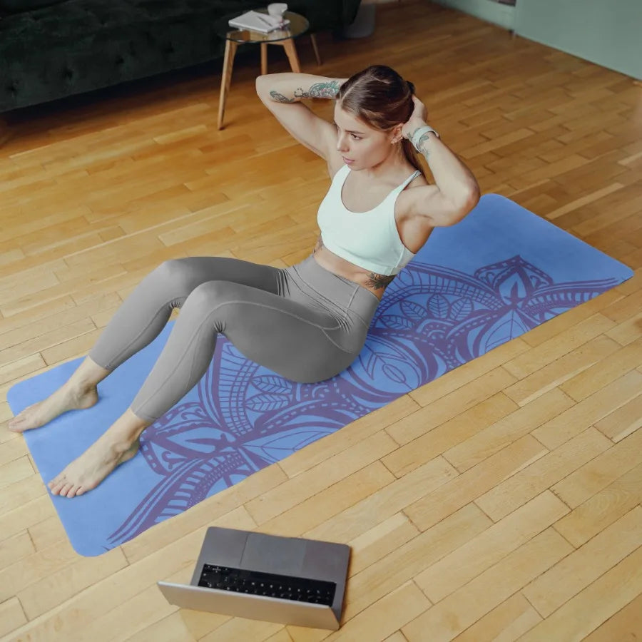 Blue Sweat Absorbent Grippy Suede Hot Yoga Mat with Strap for Enhanced Stability/and Comfort During Intense Workouts and Indoor