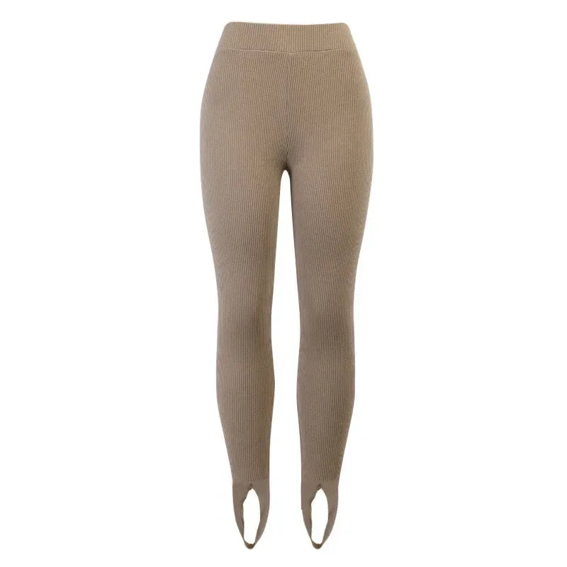 Beige Ribbed Knit Leggings Women High Waist Cotton Fitness Basic Pants/Casual Spring New All-Match Female Skinny Leggings