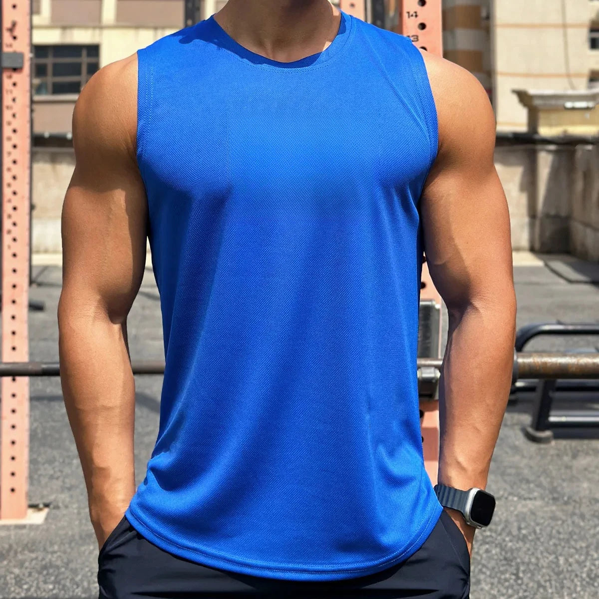Summer New Trend Men's Pullover Round Neck Mesh Bottom Shirt/Sports Fitness Swimming Running Shirt Sleeveless Vest Quick Dry