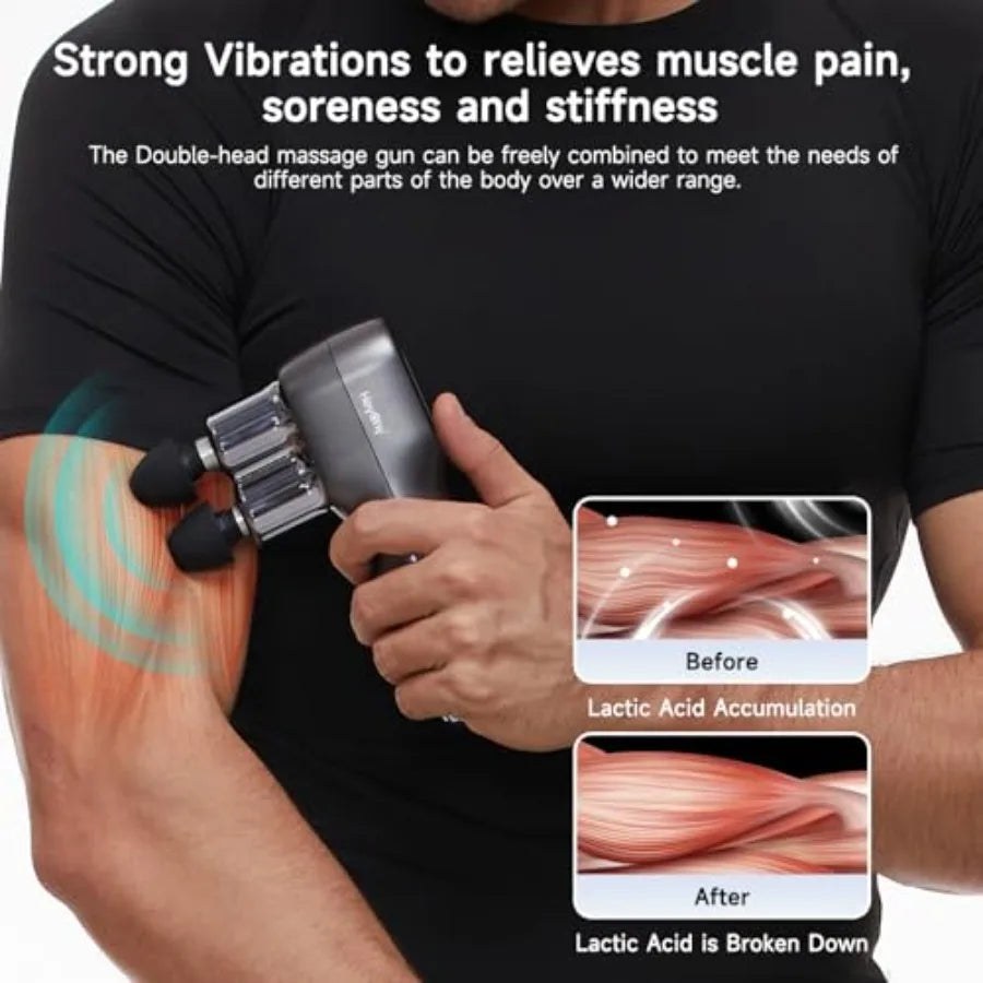 Mini Massage Gun - Deep Tissue Percussion Massager with Dual Heads/5 Speed Levels 4 Attachments Portable Handheld Muscle Recovery