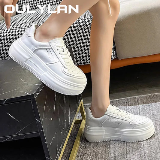 Oulylan New Leather Women's White Casual Woman Vulcanize Sneakers/Breathable Sport Running Platform Flats Shoes