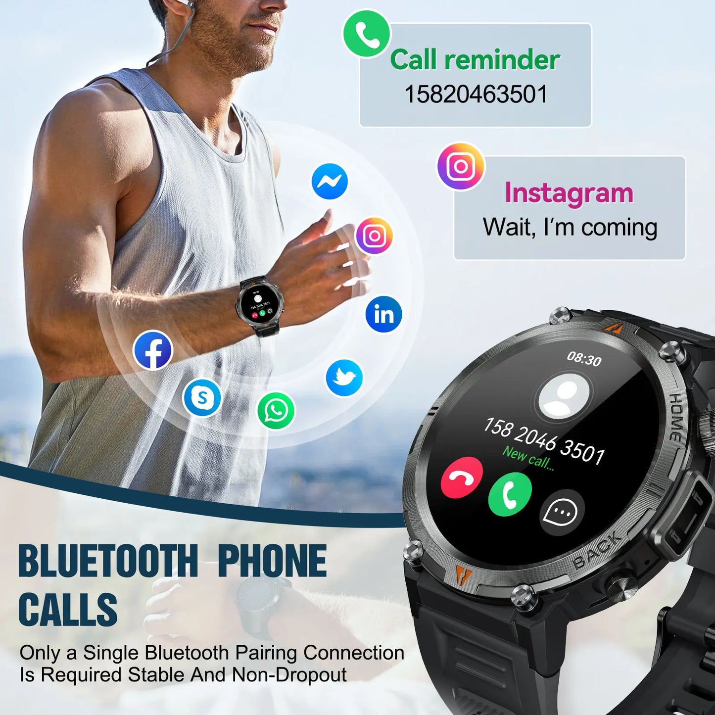 EIGIIS New KE3 Bluetooth Call Smart Watch Full Touch Screen/Health Monitor Clock With Flashlight  For IOS Android