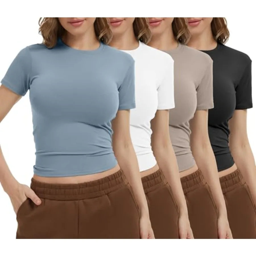 Dalavch 4 Pack Women's Workout Shirts Compression Short Sleeve/Crew Neck Running Yoga Gym Athletic Fitted Crop T-Shirts Top