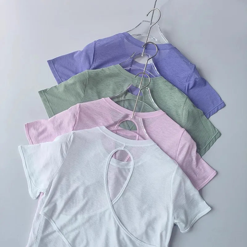 Women's Tight Sports T-shirt Quick Dry Short Sleeve Yoga T-shirt/Pilates Fitting Fitness Back Hollow Out Running crop top women
