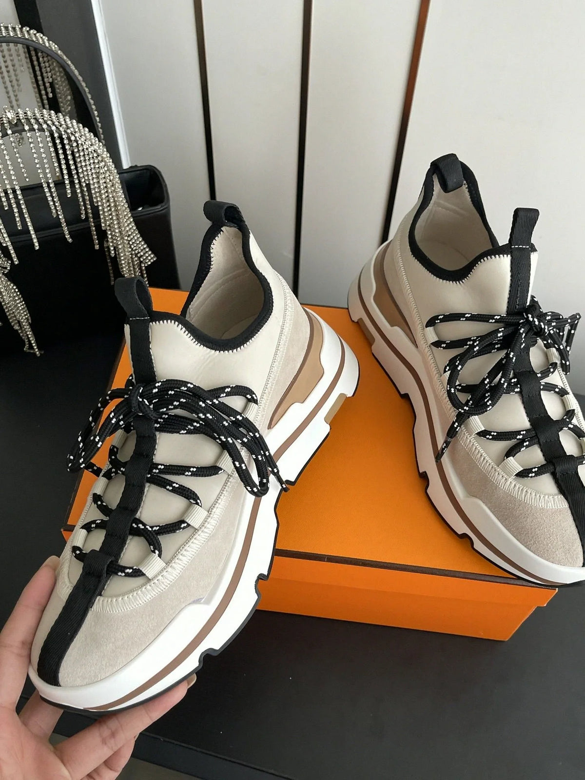 Beige Black Suede Platform Thick Sole/Sneakers for Men