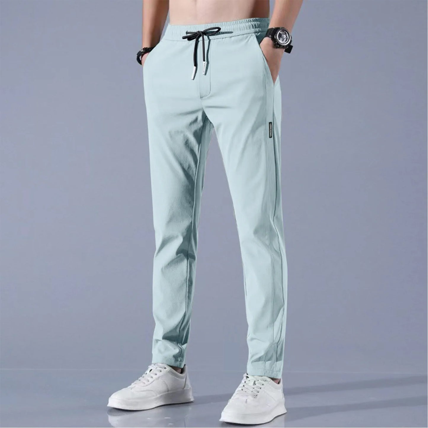 Men Fast Dry Stretch Pants Ice Silk Trousers Solid Color Mid-Waist/Loose Breathable Straight-Leg Casual Pants Thin Sports Pants