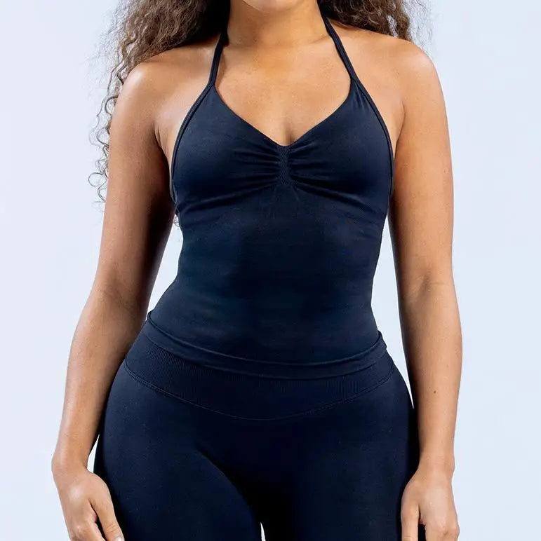 Gym Beautiful Open Back Bra Running Workout Halter Impact/Longline Strappy Top Sports Yoga Vest Women's Fitness Tank Top