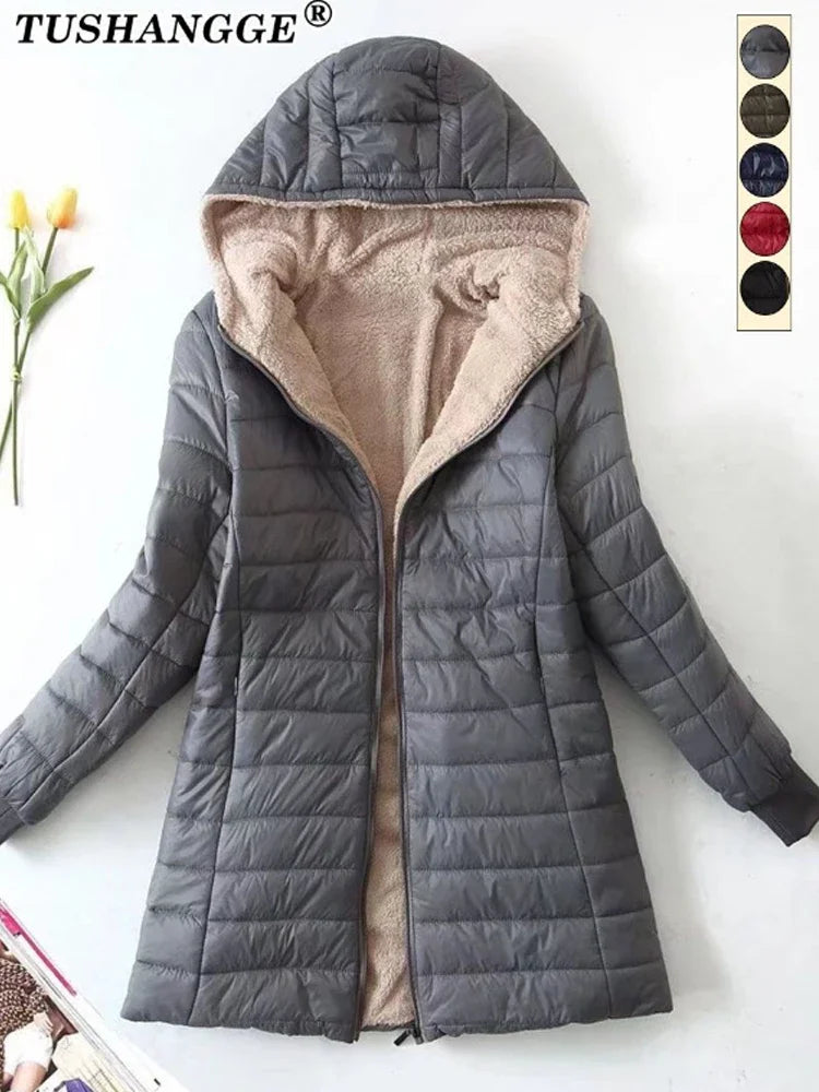 Solid Color Long Sleeve Hooded Zipper Women's Jackets/Autumn and Winter Mid-length Woman Cotton Coat Slim Fit Parka
