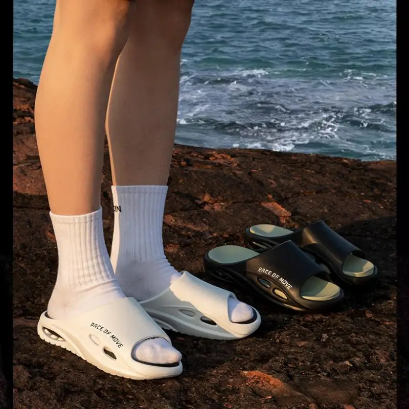 Platform Slides for Men, Letter Graphic Cutout EVA Sport Slippers/Breathable Daily Walking Beach Sandals