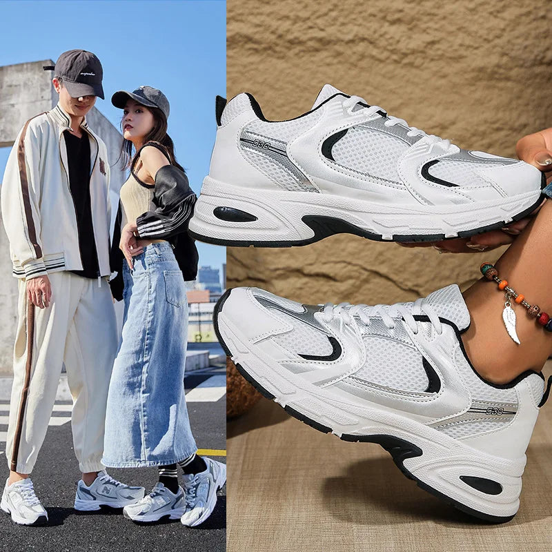 Women's White Retro Shoes Breathable Mesh Platform Sneakers/Chunky Casual Non-slip Walking Shoes Lightweight Lace-up