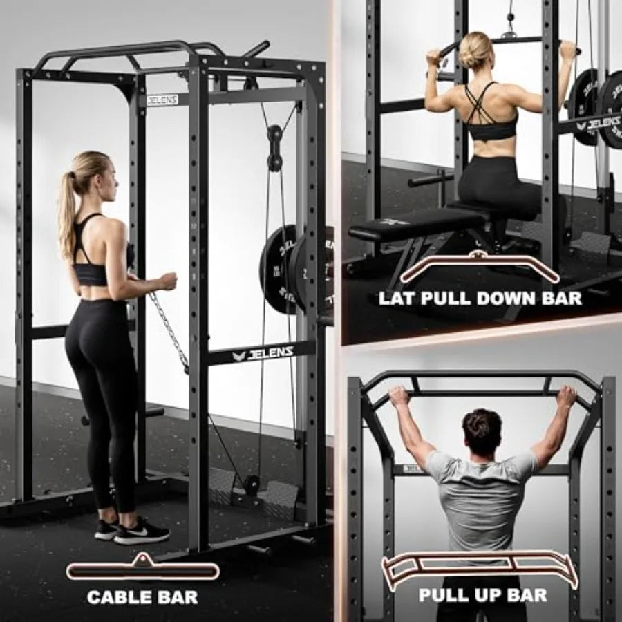 Home gym power cage with steel construction black finish 2000LBS capacity/and adjustable cable crossover system for versatile
