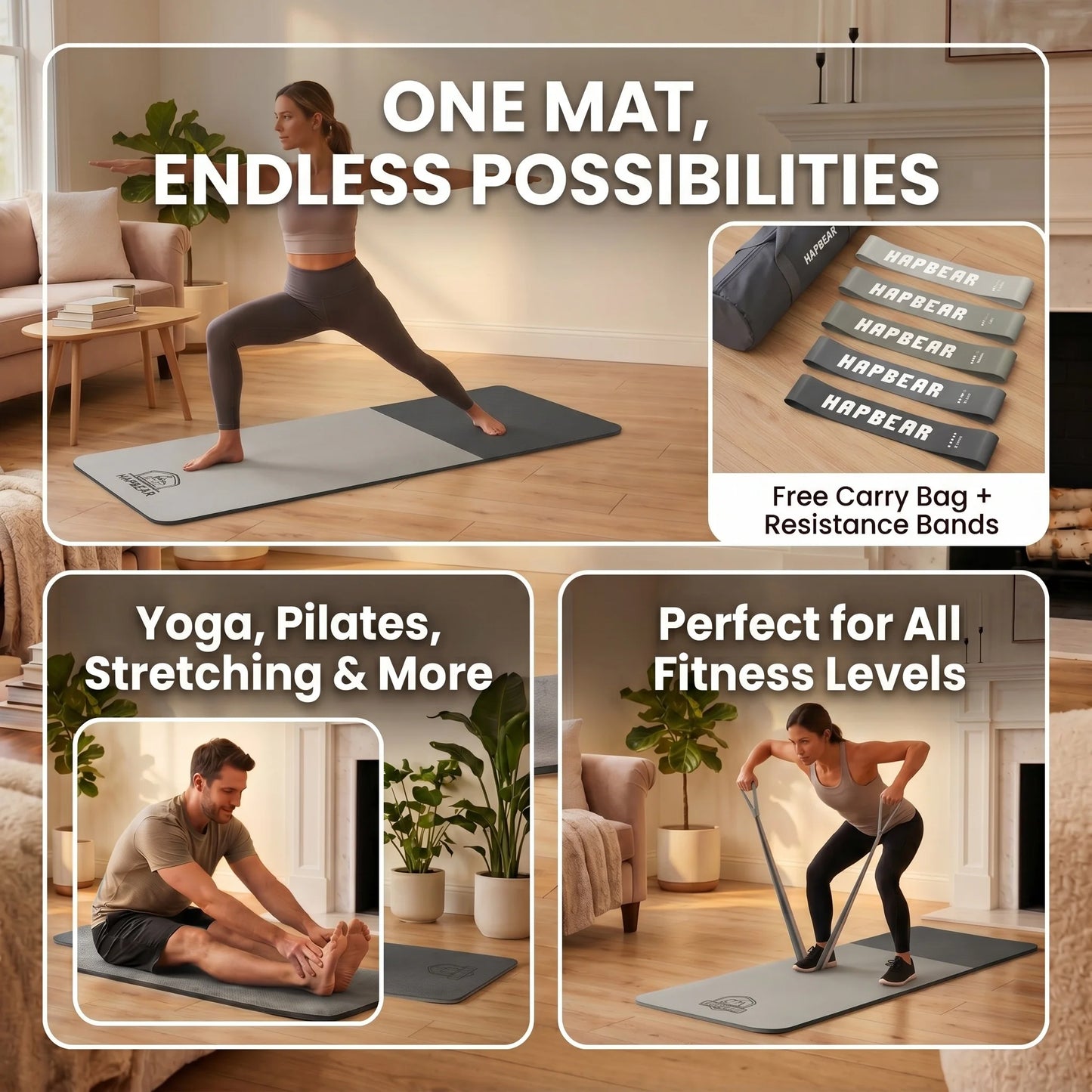 HAPBEAR Large Yoga Mat Extra Wide 72"x36" 6mm TPE Double Sided/Non Slip Exercise Mat Non-Slip Textured Surface Durable Cushion