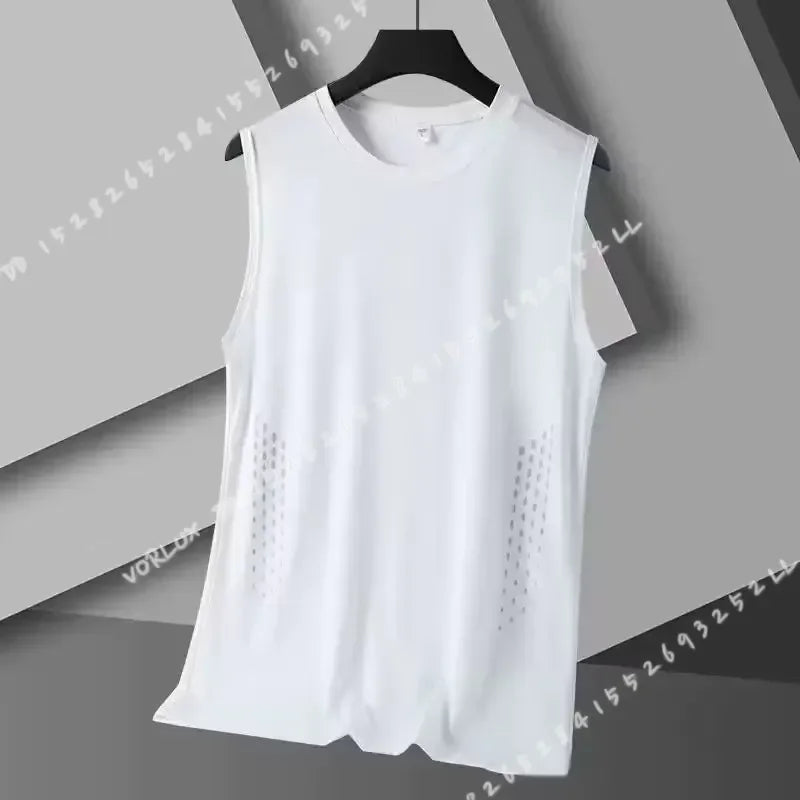 Men Summer Mesh Sleeveless Vest Ice Silk Printed Round Neck/Loose Running Fitness Tank Top Breathable Athletic