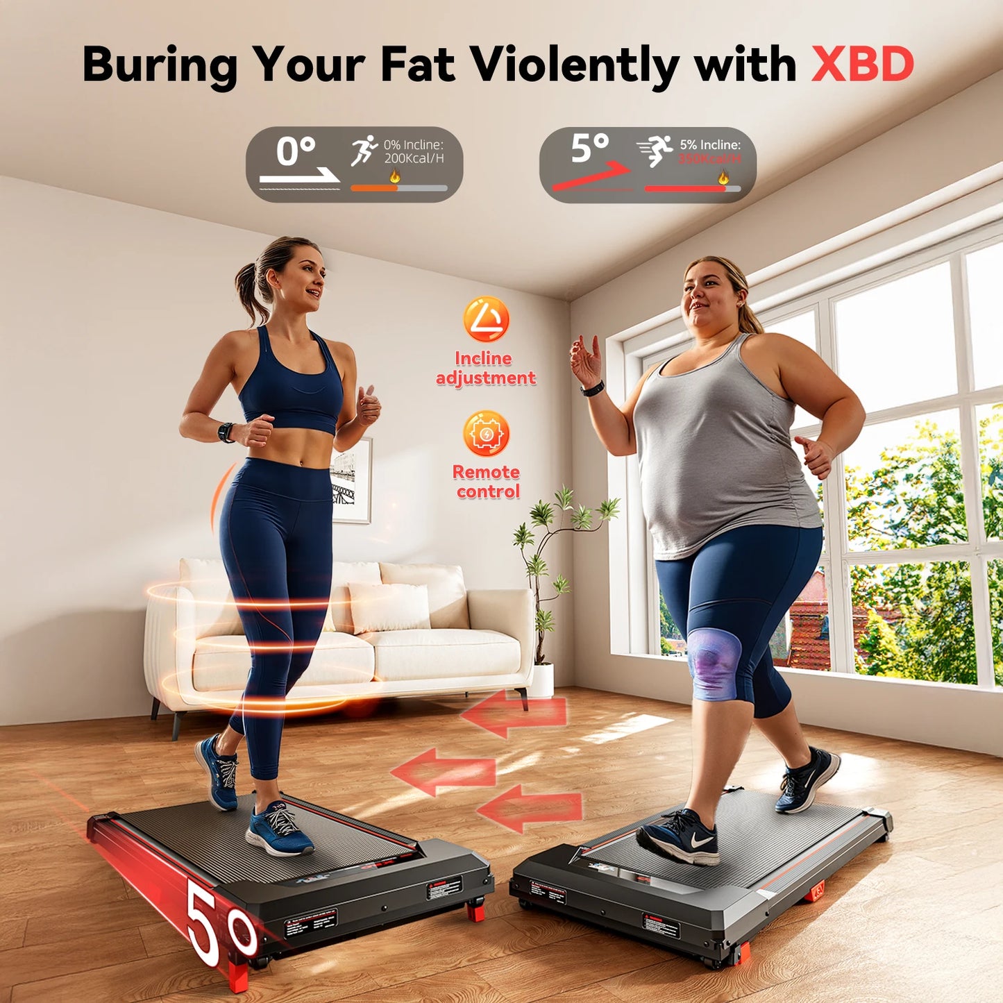 XBD Portable Incline Walking Pad 330lb Capacity, 2.5HP Under Desk/Treadmill with LED Display & Remote Control