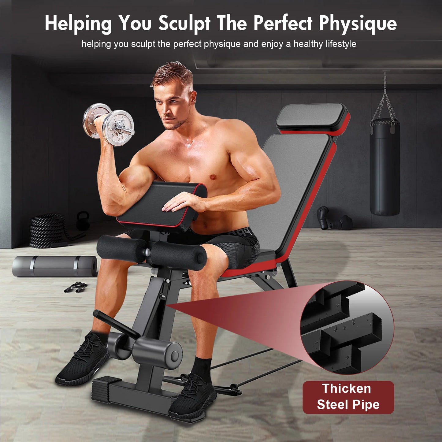 Adjustable Weight Bench 7-Level Foldable with Extended Headrest/Leg Extension Incline Decline Bench 770 lbs Full-Body Strength