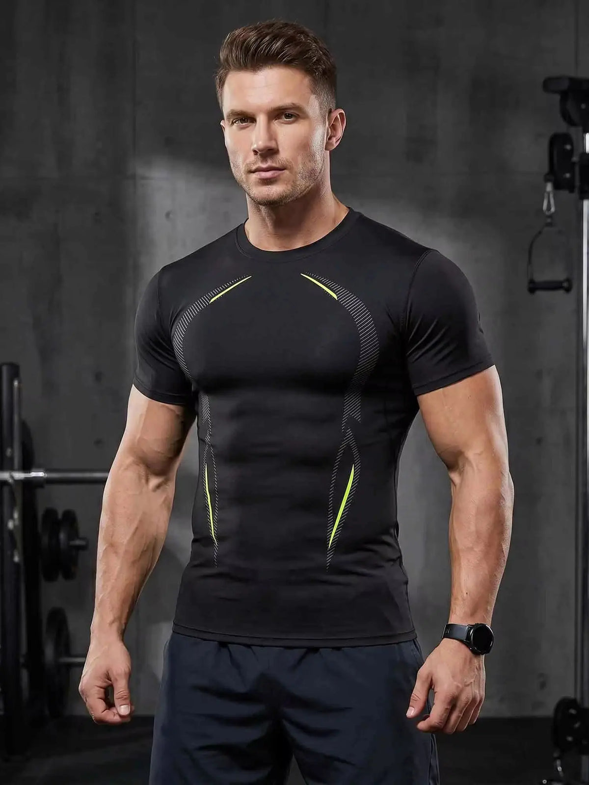 3-Pack Men's Compression Shirts Short Sleeve Gym Tops/Contour Line Workout Tees Moisture-Wicking Quick-Dry Performance