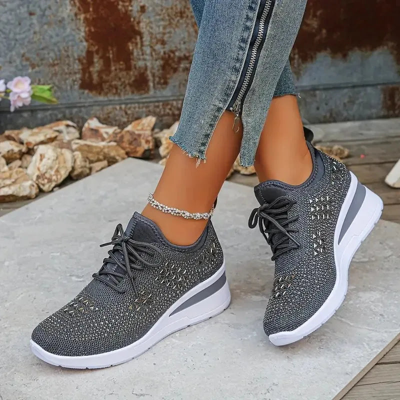Women's Shiny Rhinestone Wedge Sneakers Breathable Non Slip/Walking Shoes Woman Plus Size Fashion Thick Sole White Sneakers