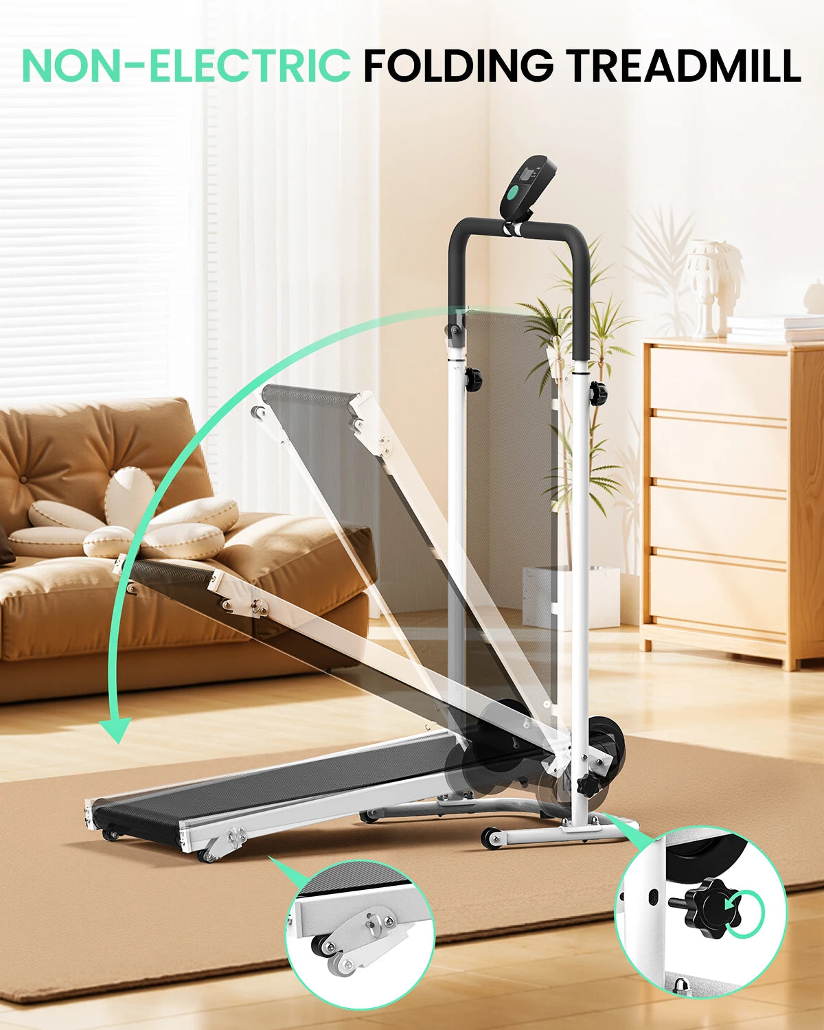 AKLUER Foldable Compact Non-Electric Treadmill/Dual Flywheel & Fixed Incline LCD Monitor, Non-Slip Belt, Soft Foam Grips for Home Gym