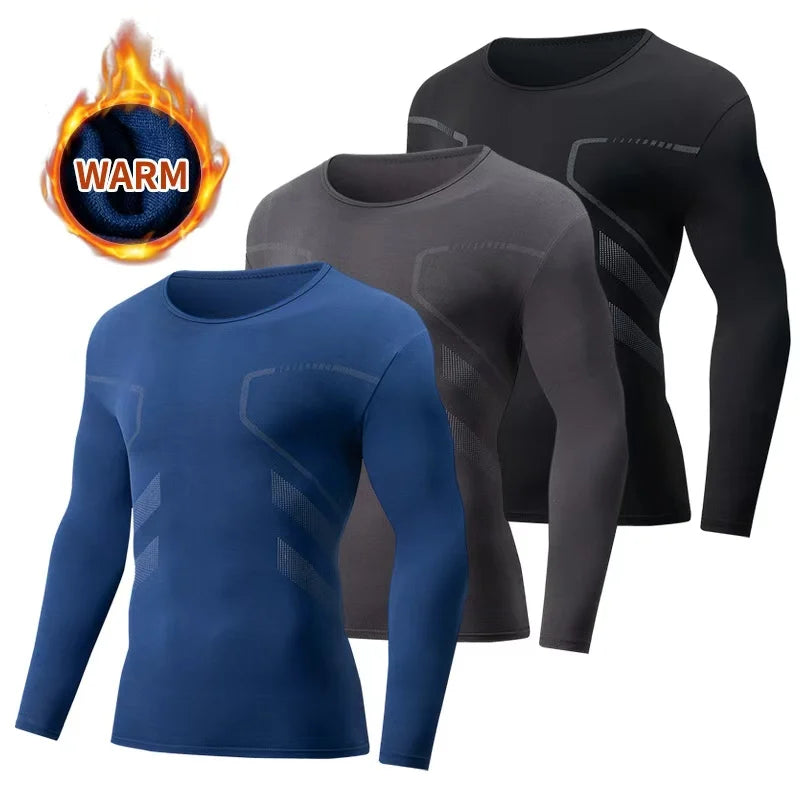 3-piece Autumn/Winter Men's Fashionable Printed Sports Warm Long Sleeved T-shirt/Plus Size Fitness Running Casual Versatile Top