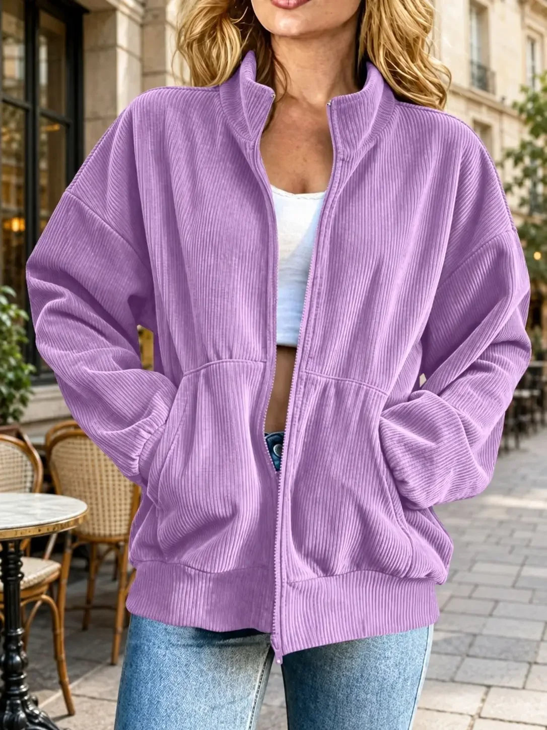 Fall/Winter Corduroy Women's Jacket/Loose Stand Collar Zipper Coat Workwear for Women