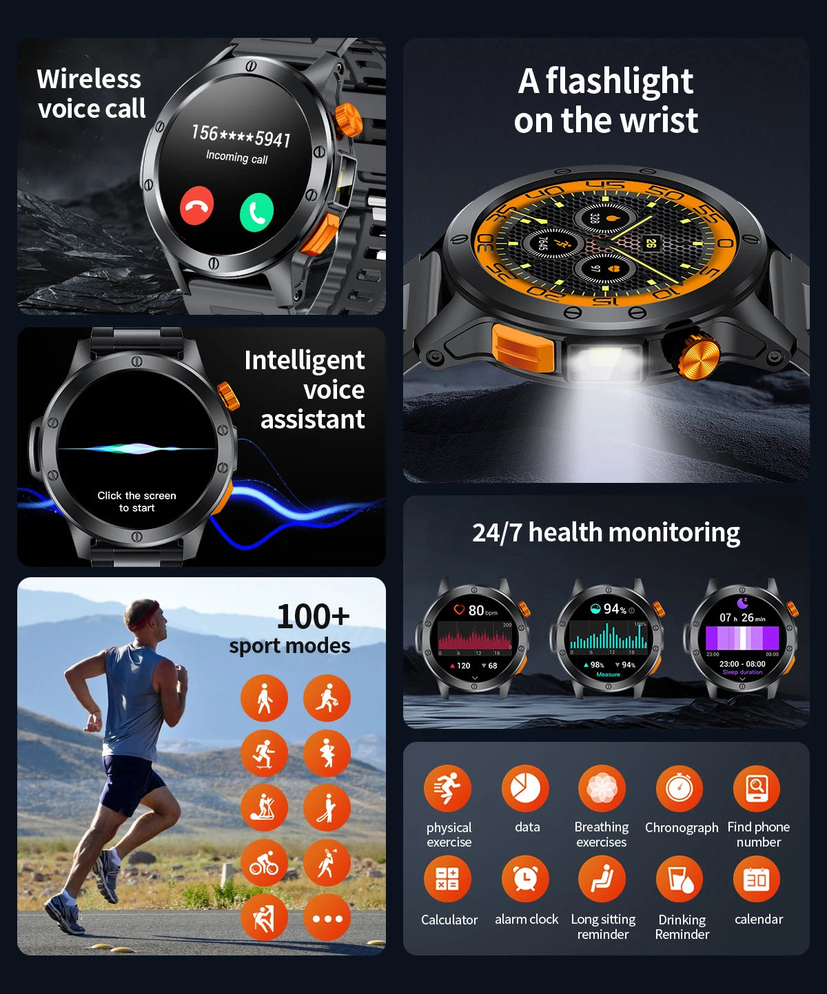 LIGE Sports Smart Watch Men LED Flashlight IP68 Waterproof/Bluetooth Call Health Watches Voice Assistant Military Smartwatch Men