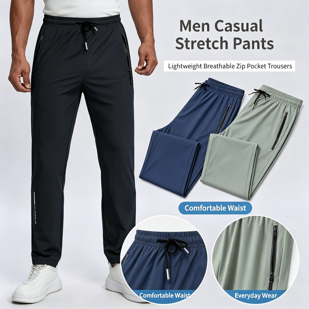Men Breathable Quick Dry Sports Pants Moisture Wicking Trousers/with Reflective Print Drawstring Pockets & Zipper Details Outdoor Pants