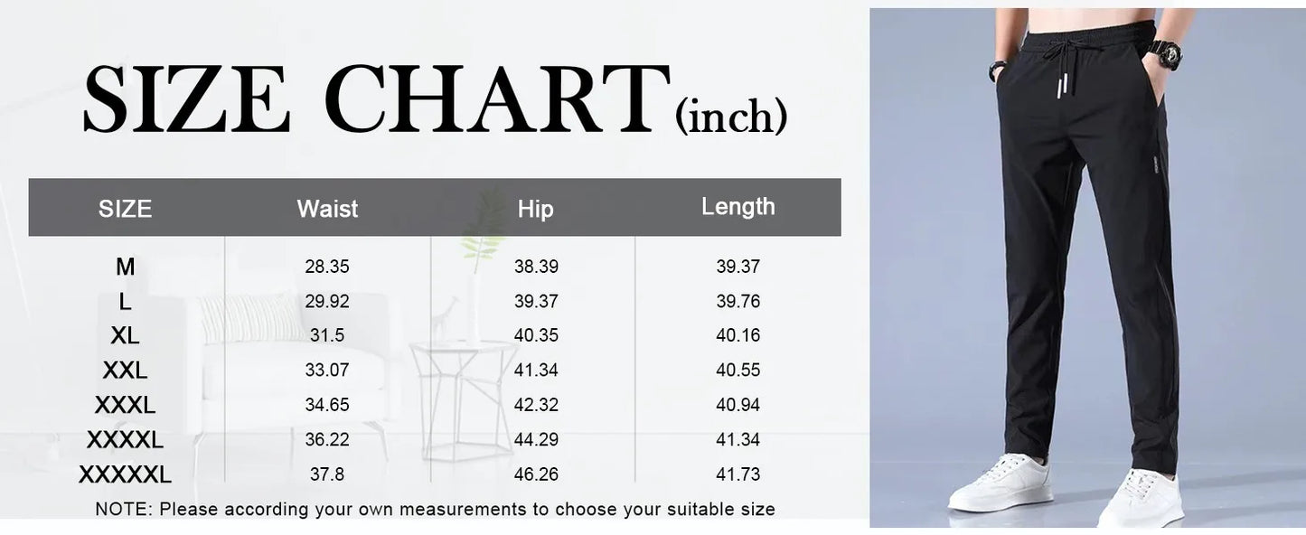 Men Fast Dry Stretch Pants Ice Silk Trousers Solid Color Mid-Waist/Loose Breathable Straight-Leg Casual Pants Thin Sports Pants