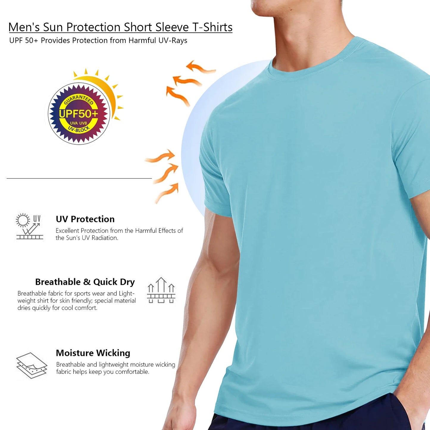 Men's UPF 50+ Shirt Sun Protection SPF UV Moisture Wicking/Lightweight Quick Dry Swim Rash Guard Short Sleeve Athletic Running