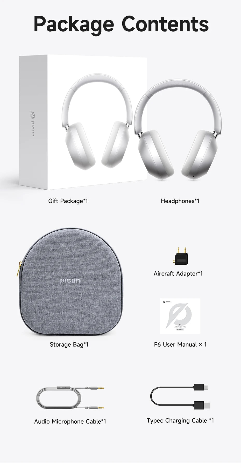 Picun F6 ANC Wireless Headphones Bluetooth 5.4 Hi-Res Audio Over Ear/Headset 52dB Hybrid Active Noise Cancellation Earphone 120H