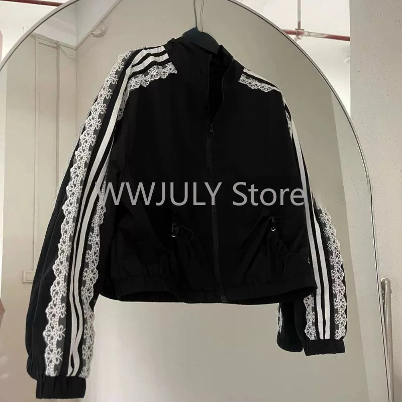 Lace Patchwork Striped Sun Protection Jacket for Women/New Korean Causal Zipper Stand Neck Cardigan Coat Top Design