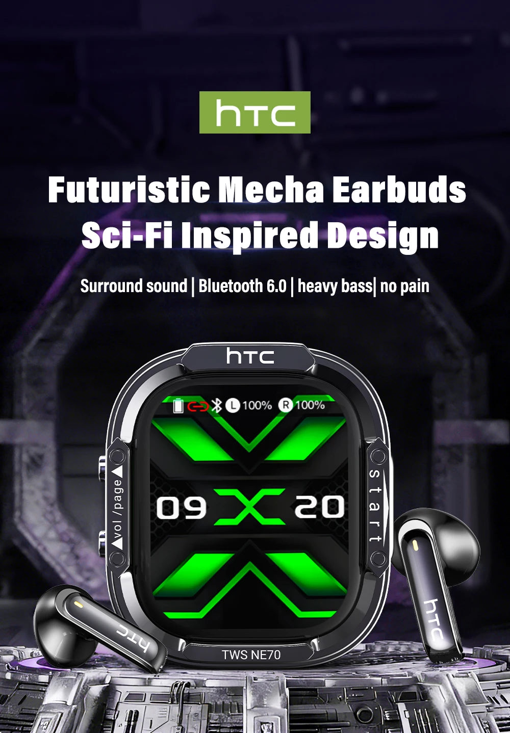 Wireless Headphones Bluetooth HTC NE70 Earphones Microphones/Earbuds AI Translator 30Hours of Battery Life Full HD LCD Display