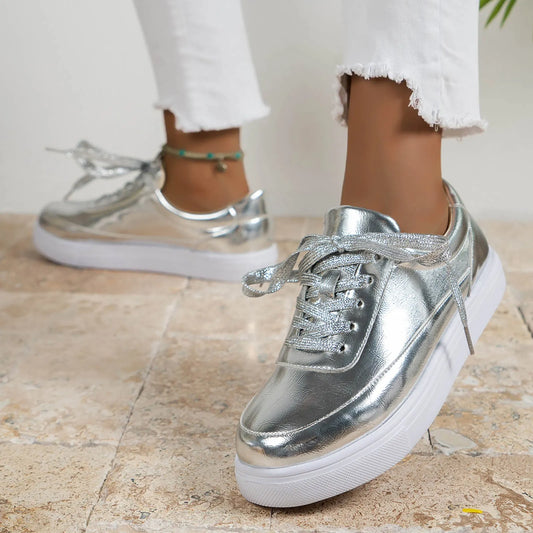 Silver Boat Shoes For Women Thick Platform/Casual Sneakers Height Increasing Lace Up Footwear