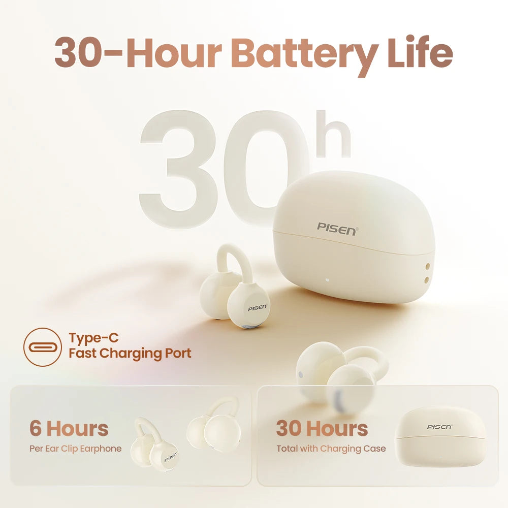 PISEN Wireless Bluetooth 6.0 Hi-Res Ear Clip Earphones 360° Directional Sound/Field Long Battery Life Sports Clip Earbuds 30H Pl