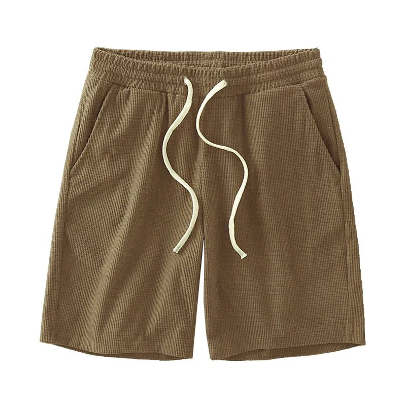 Men Shorts Solid Color Mid Waist Summer Motion Waffle Texture/Deep Crotch Drawstring Male Shorts Loose Knee Length Casual Short