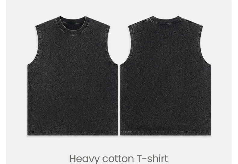 230g Pure Cotton European and American High Street Retro Washed/Distressed Sleeveless Vest Men's Casual Loose Shoulder T-shirt