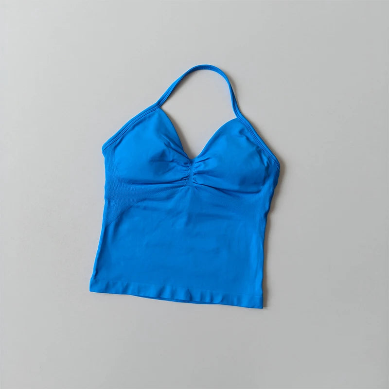 Longline Strappy Seamless Yoga Tank Top Backless/Gym Vest with Built-in Bra Sleeveless Workout Top