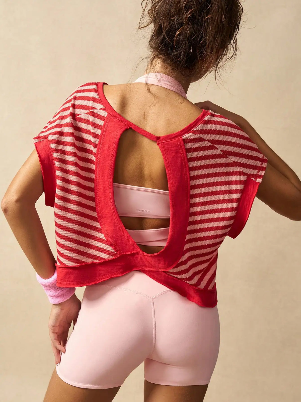 Women Striped Open Back Workout/Top Gym Crop Top Summer Active Wear Shirts