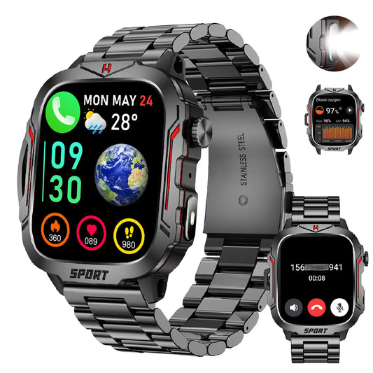 Strong Flashlight Smart Watch for Men/Women, 1.96'' Screen Fitness Tracker/with AI Voice Assistant/ Bluetooth Call/ 100+Sports