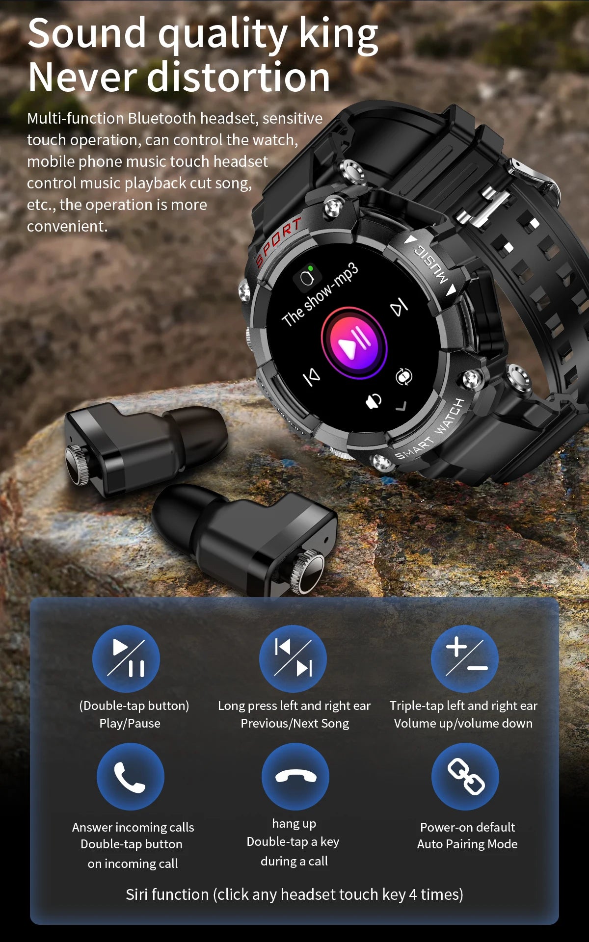 LaNikar Smart Watch AMOLED Display With In-Ear Bluetooth Headset/Heart Rate Blood Pressure Oxygen Saturation Monitoring HD Audio