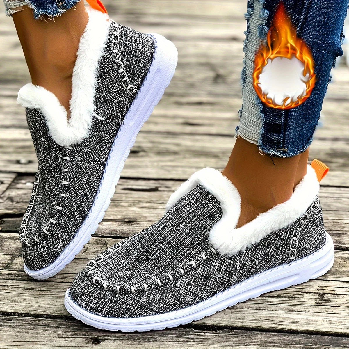 Women Winter Denim Fabric Fuzzy Fleece Lined Loafers Slip On/Warm Moccasin Shoes Non Slip Wear-resistant Soft Sole