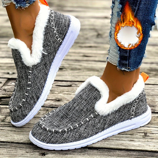 Women Winter Denim Fabric Fuzzy Fleece Lined Loafers Slip On/Warm Moccasin Shoes Non Slip Wear-resistant Soft Sole