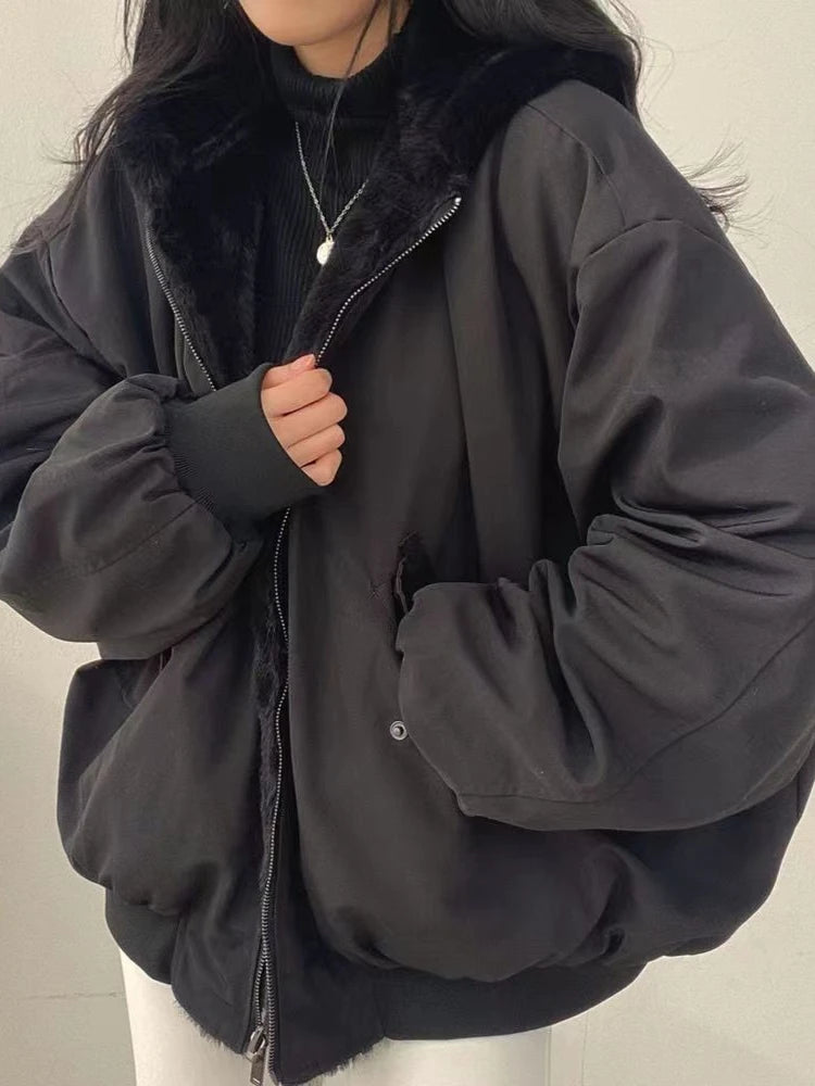 Thick Warm Fashionable Double-sided Cotton Jacket for Women's Clothing/Winter New Casual Zipper Hooded Cotton Jacket for Tops