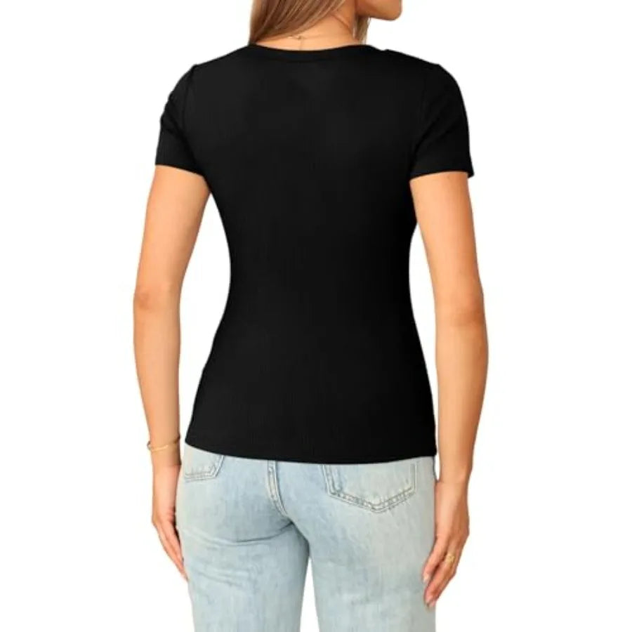 Sampeel Short Sleeve Shirts for Women V Neck Summer Ribbed T shirts/2026 Slim Fit Spring Fashion Going Out Basic Tees