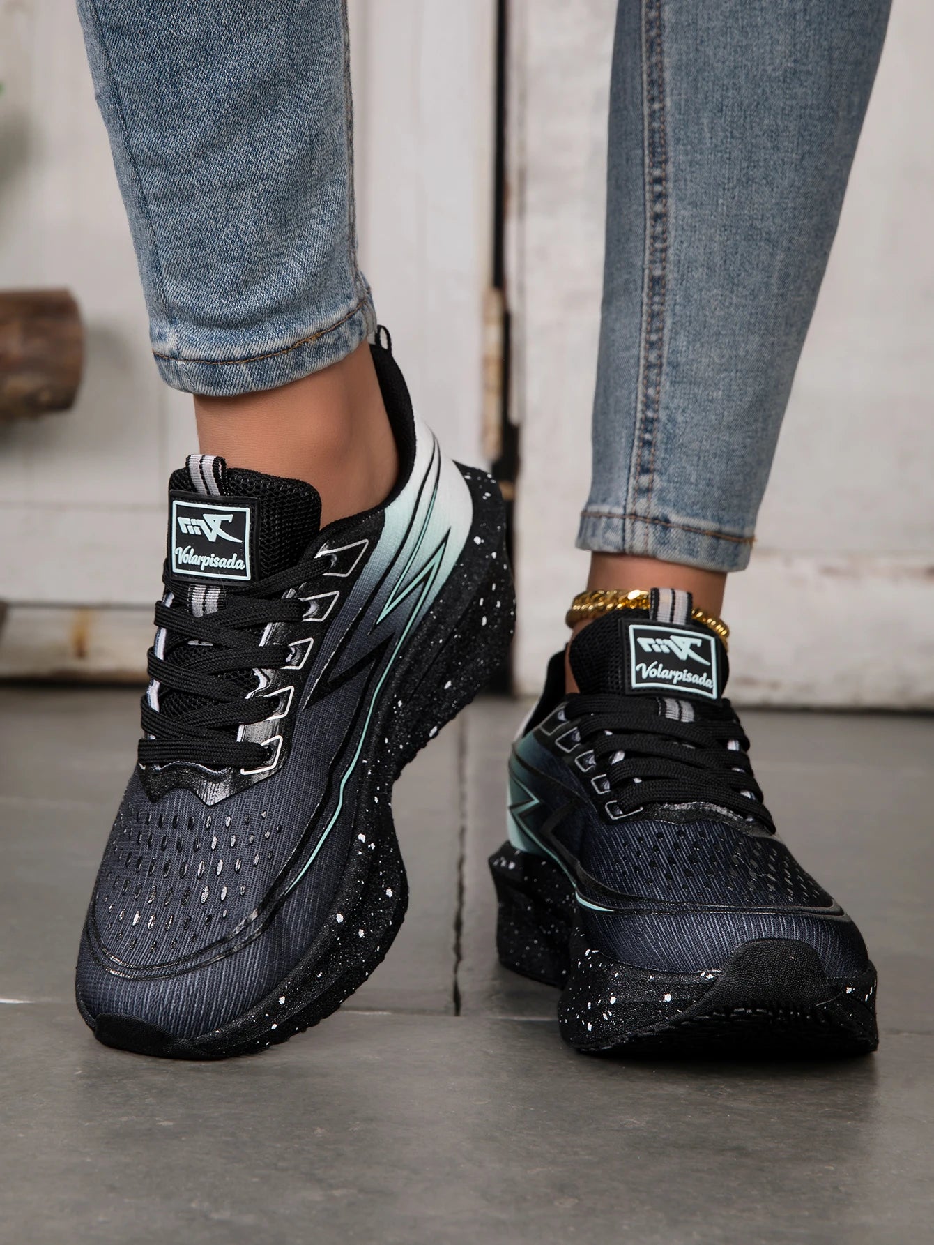 Women Gradient Lightning Print Running Sneakers Breathable/Flying Weave Mesh Light Cushion Non Slip Shock Absorb Athletic Shoes