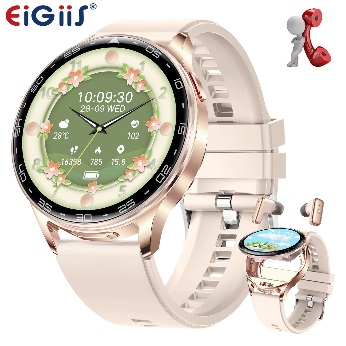 EIGIIS 2026 2-in-1 Smart Watch with Hidden Earbuds 1.39"IPS HD Screen/280mAh Sports Fitness Tracker Heart Rate Monitor for Women