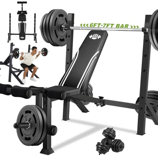 900LBS Weight Bench Set with Squat Rack Adjustable Bench Press/Bench with Leg Extension & Leg Curl, Incline Decline Flat Foldable