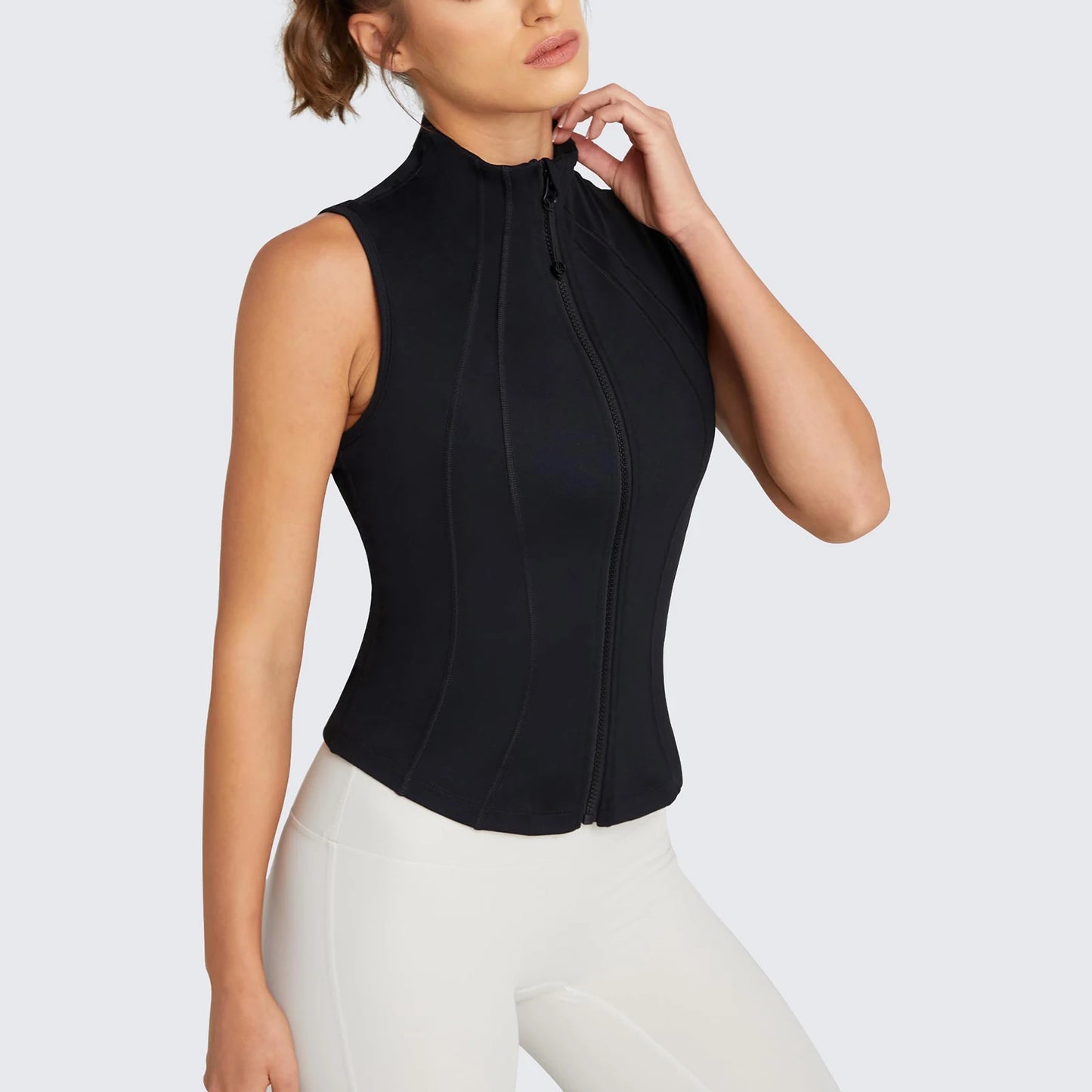 Women Workout Sleeveless Yoga Jacket Solid Zip-Up Stand Collar/Slim Athletic Running Tennis Yoga Breathable Running Tank Tops