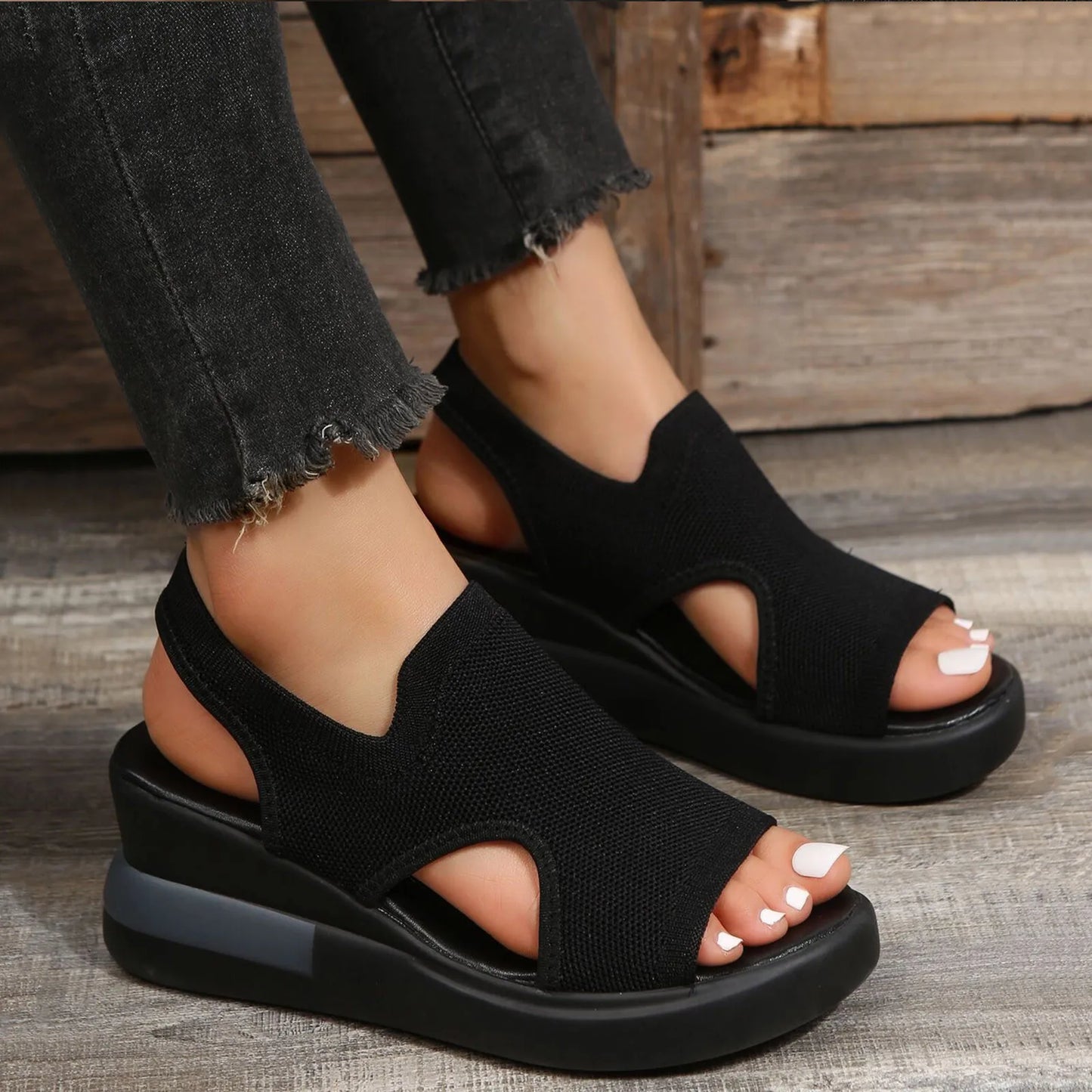 Sandals Women 2024 Summer Comfortable Solid Breathable Knitted Mesh/Thick Wedge Heel Sandals Outdoor Female Shoes Sandals